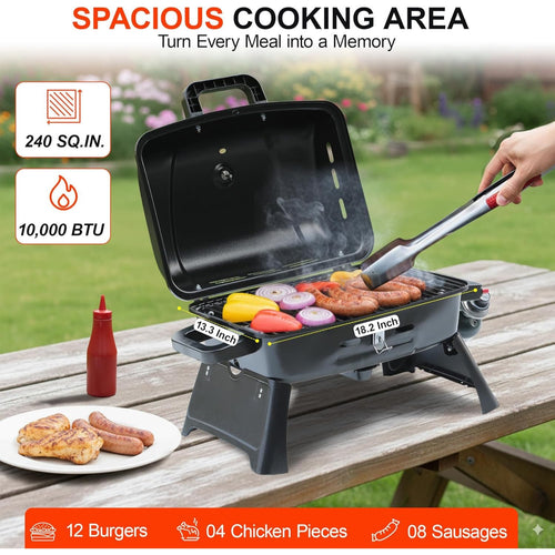 Portable Propane Grill Tabletop, 10000 BTU Single Burner Gas Grill with 239 sq in Porcelain Grates, Foldable Legs, Locking Lid & Built-In Thermometer for Camping, Backyard & Tailgating