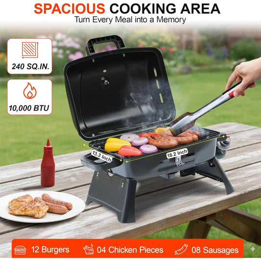 Portable Propane Grill Tabletop, 10000 BTU Single Burner Gas Grill with 239 sq in Porcelain Grates, Foldable Legs, Locking Lid & Built-In Thermometer for Camping, Backyard & Tailgating