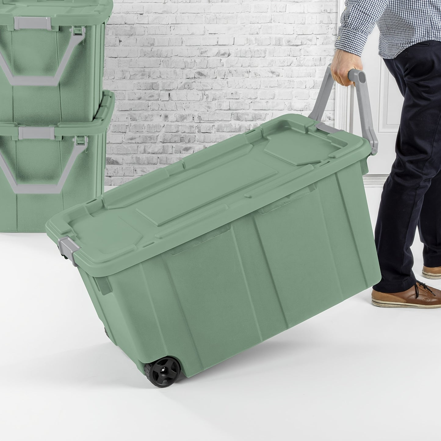 Heavy Duty Storage Bins with Wheels and Lids | 40 Gallon 151L Industrial Totes | 2 Pack | Lockable Latches | Metal Axle | Stackable | Green