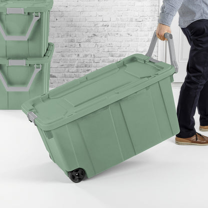 Heavy Duty Storage Bins with Wheels and Lids | 40 Gallon 151L Industrial Totes | 2 Pack | Lockable Latches | Metal Axle | Stackable | Green