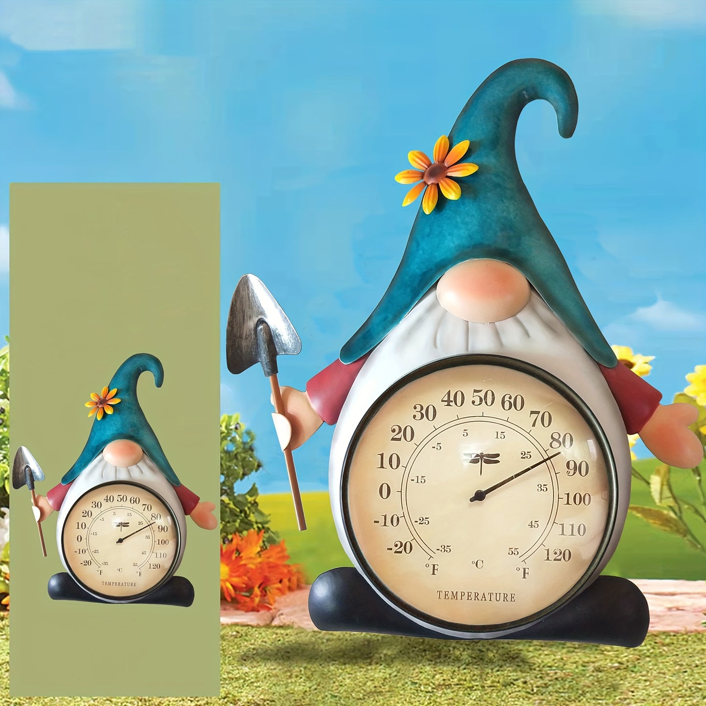 Outdoor Thermometer | Metal Gnome Wall Decor Patio Garden No Battery
