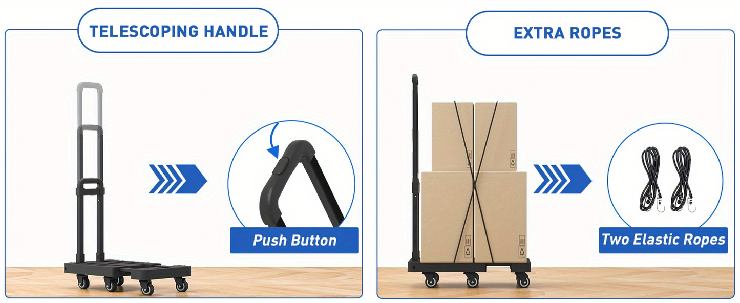 Folding Hand Truck Dolly 500LB Heavy Duty, Collapsible Luggage Cart with 6 Wheels & 2 Elastic Straps for Moving, Travel, Shopping, Office & Warehouse