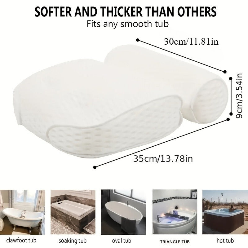 Bath Pillow 4D Grid Neck and Back Support Bathtub Cushion with 6 Suction Cups, Hooks, Quick-Dry & Machine Washable Spa Pillow for Tub Relaxation, Home Bathroom Accessory