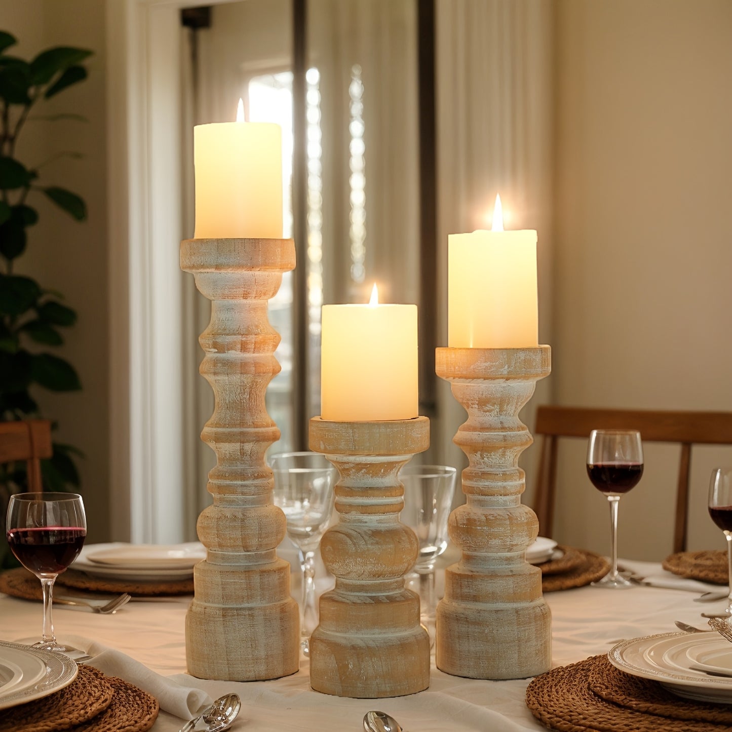 Pillar Candle Holders Set of 3 Rustic Farmhouse Wood Brown Centerpiece Table Fireplace Mantel Coffee Table Home Decor Gift