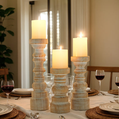 Pillar Candle Holders Set of 3 Rustic Farmhouse Wood Brown Centerpiece Table Fireplace Mantel Coffee Table Home Decor Gift