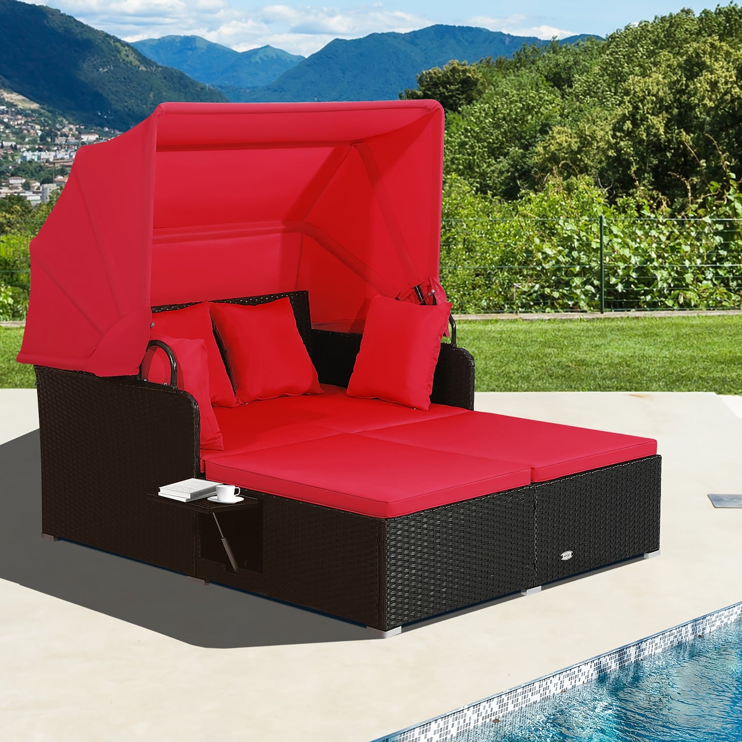 Outdoor Wicker Daybed with Retractable Canopy Side Tables Cushions PE Rattan Patio Lounge Bed Sun Lounger for Backyard Garden Pool