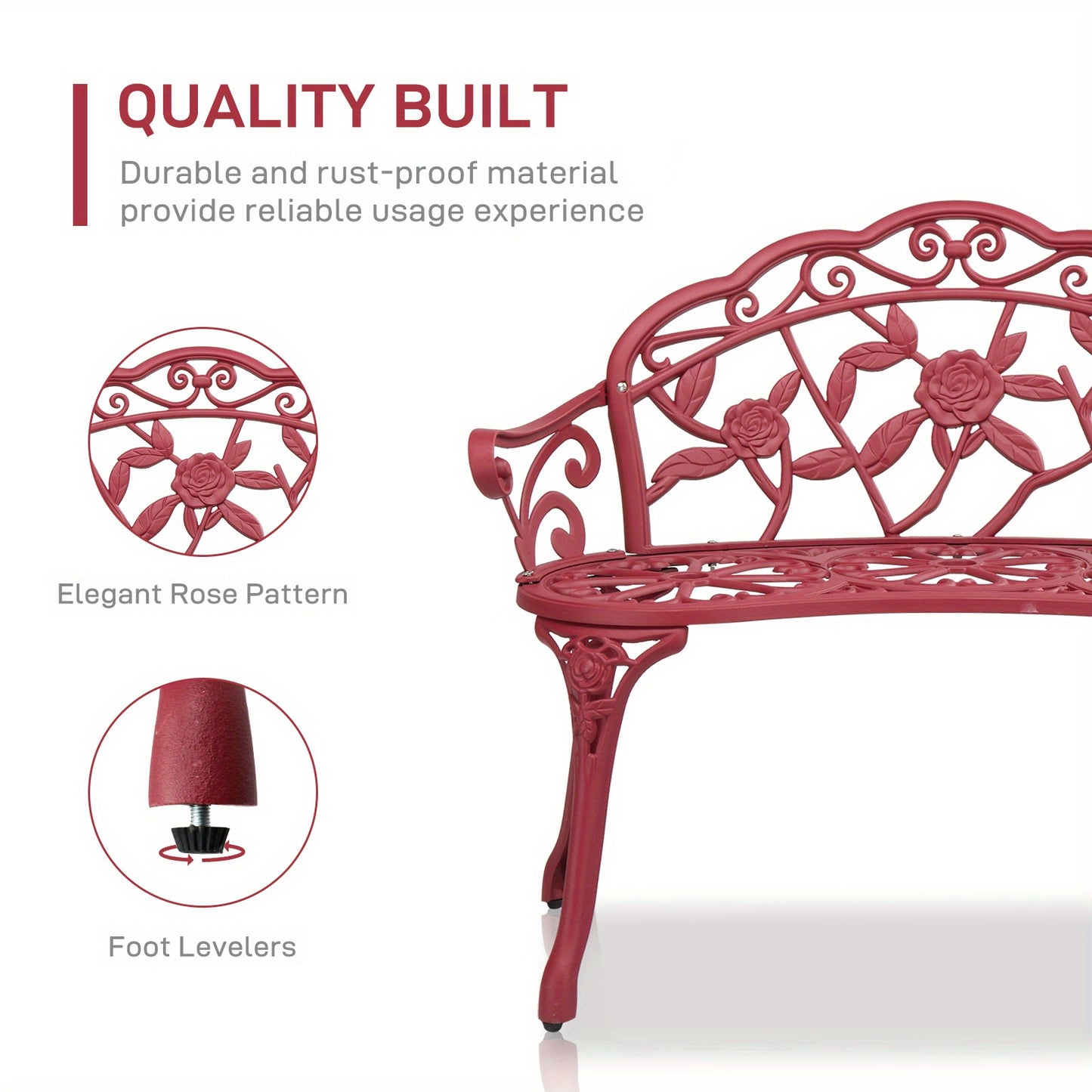 Outdoor Garden Bench Rose Pattern Cast Aluminum Floral Patio Bench with Armrests Vintage Metal Bench for Porch Courtyard Wedding Decor 38.5 Inch