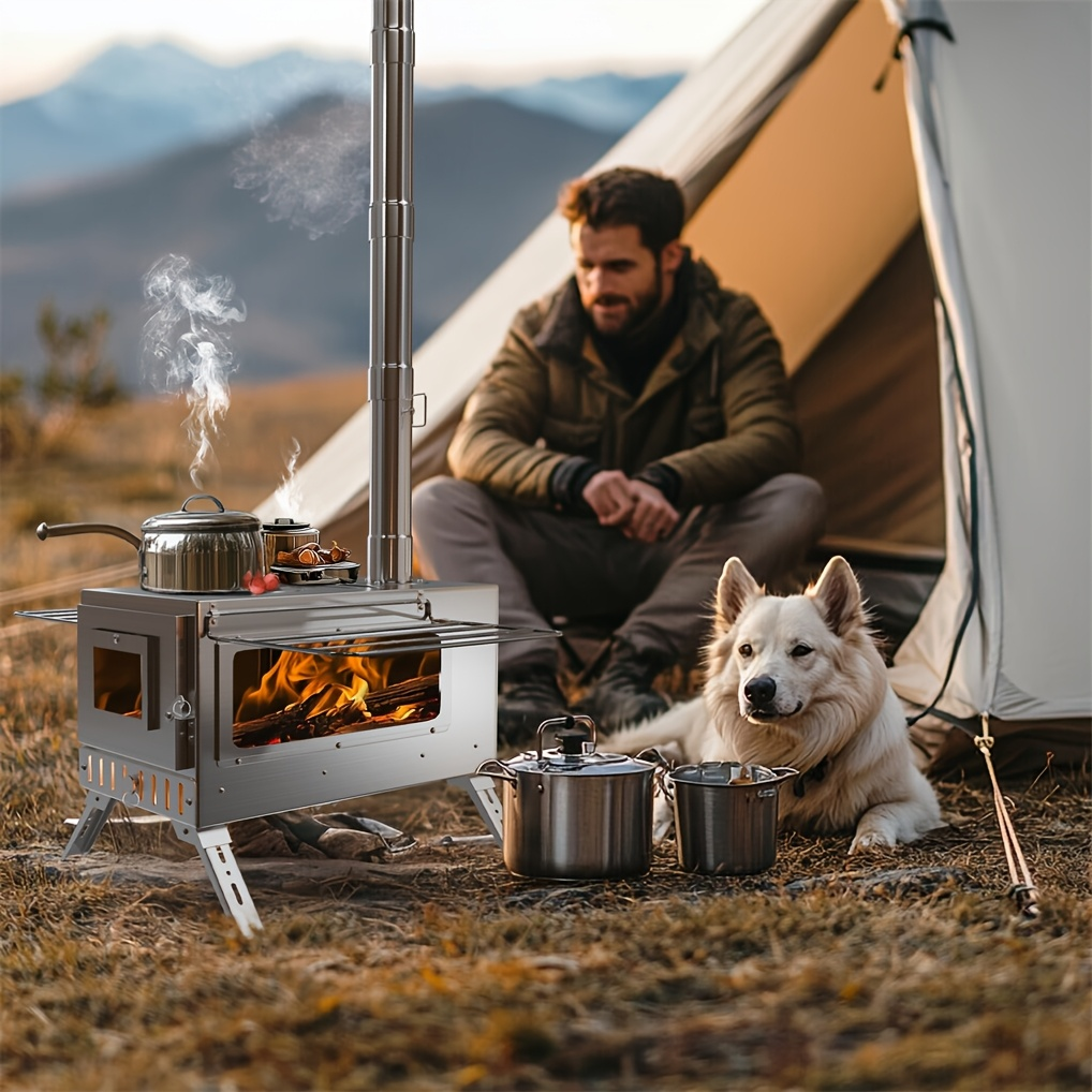 Wood Burning Stove Portable Camping Tent Stove with 7 Detachable Chimney Pipes, Stainless Steel, Adjustable Height, Fire-Resistant Window, Ash Tool & Carry Bag