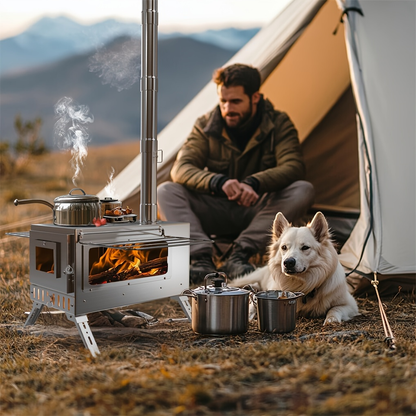 Wood Burning Stove Portable Camping Tent Stove with 7 Detachable Chimney Pipes, Stainless Steel, Adjustable Height, Fire-Resistant Window, Ash Tool & Carry Bag