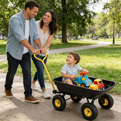 Garden Dump Cart 4-Wheel Heavy Duty Steel Frame Rust-Resistant Poly Bed Quick-Release Dump Feature Foldable D-Handle All-Terrain Yard Wagon for Landscaping Lawn