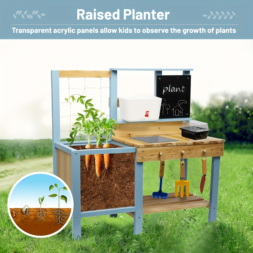 Kids Potting Bench Wooden Outdoor Toy Gardening Center with Planter Box Sink Faucet Blackboard Storage Shelf Garden Pretend Play Workstation for Toddlers Children