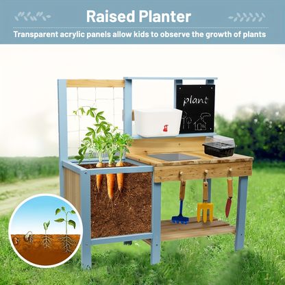 Kids Potting Bench Wooden Outdoor Toy Gardening Center with Planter Box Sink Faucet Blackboard Storage Shelf Garden Pretend Play Workstation for Toddlers Children