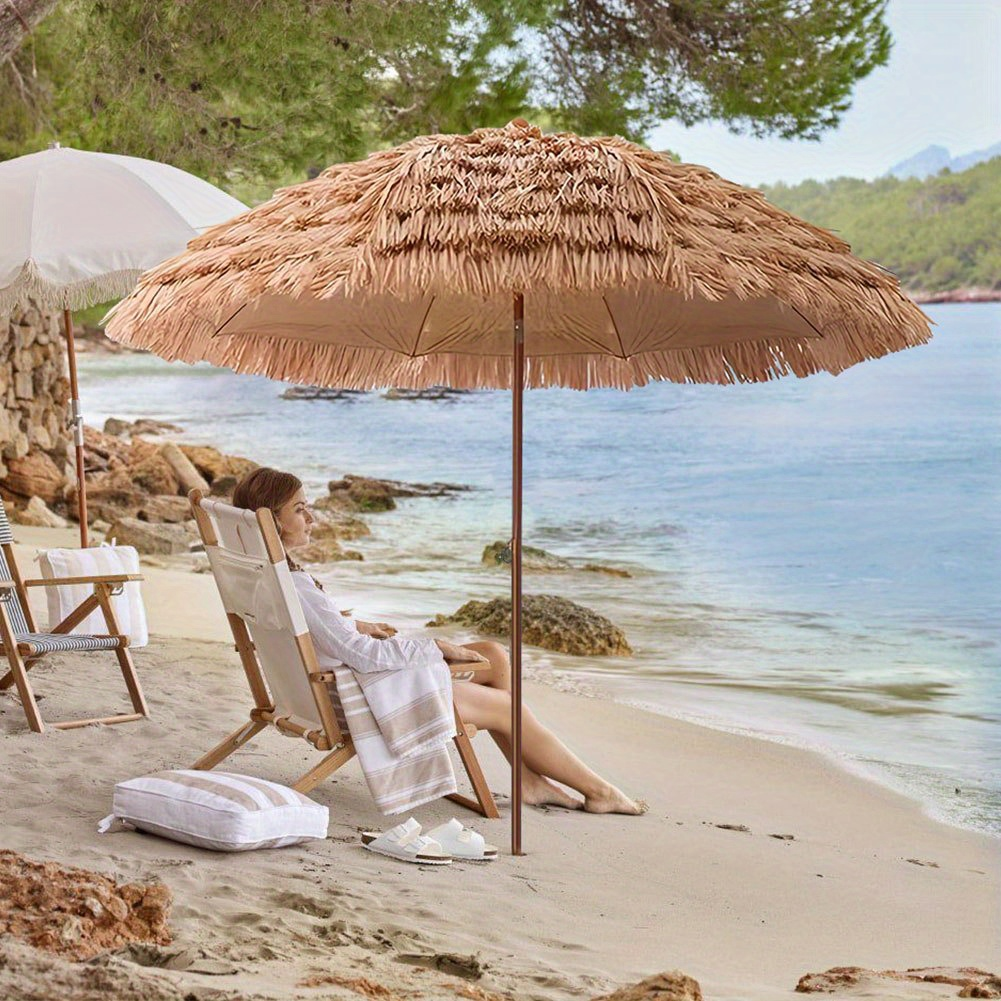 Thatch Tiki Umbrella 7.5 Ft Outdoor Patio Umbrella UV Protection Steel Pole Push Button Tilt Reclining Canopy for Patio Pool Garden Beach Backyard