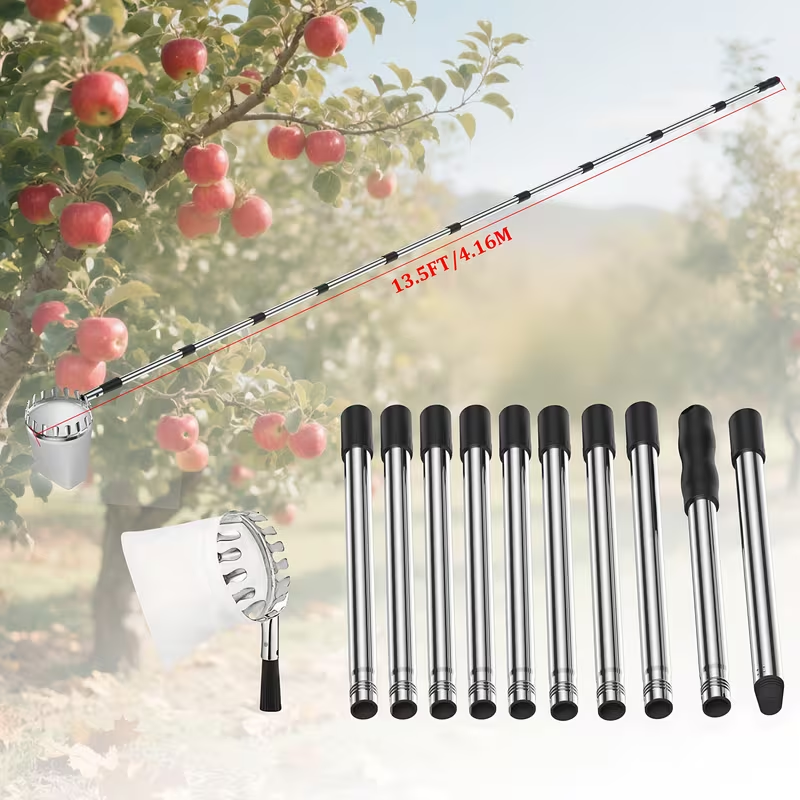 Fruit Picker Stainless Steel Adjustable Extension Pole - Tall Tree Orchard Picking Tool with Non-Slip Handle for Apples, Avocados, Peaches, Pears, Lemons, Cherries & Plums - 63 to 157 Inch