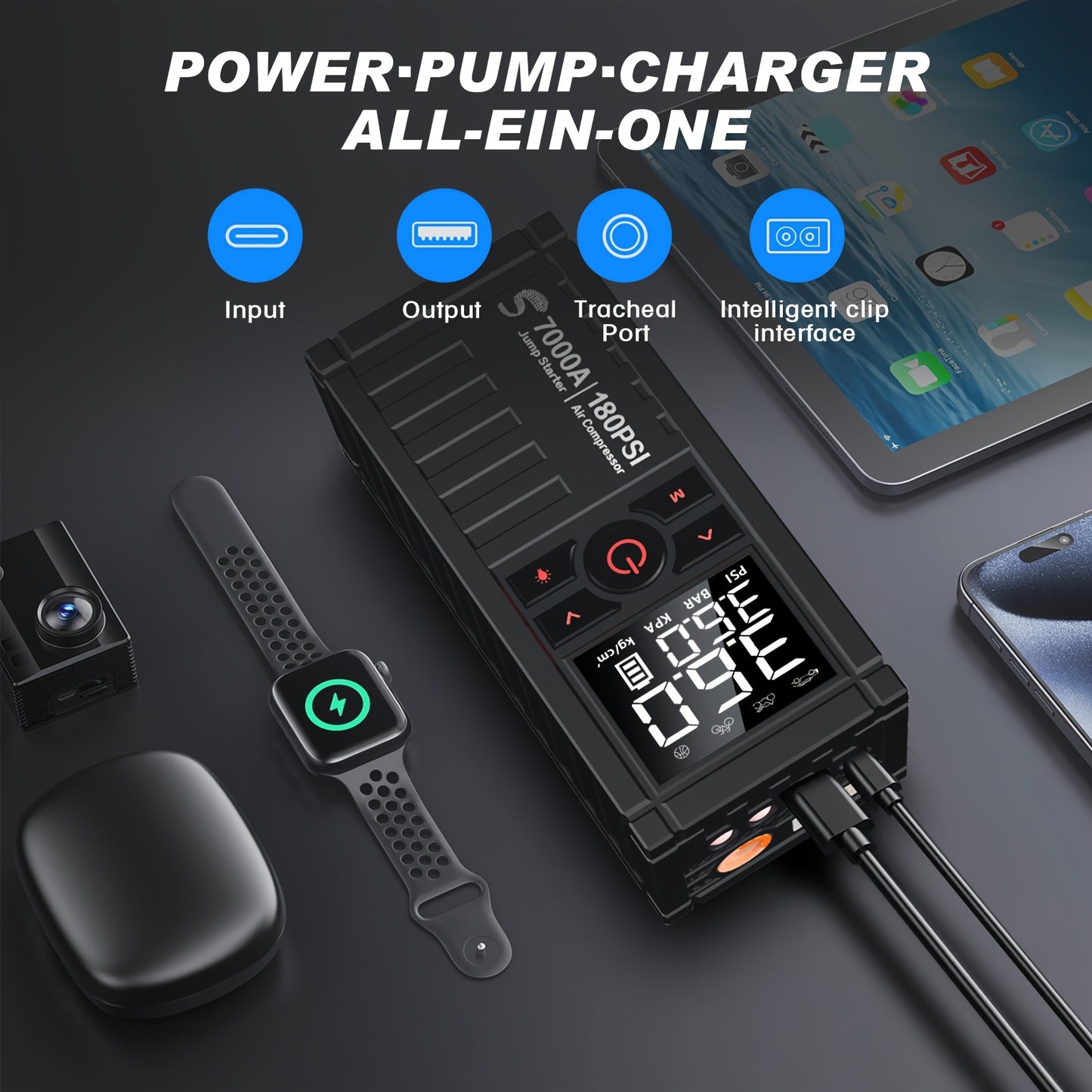 7000A Jump Starter 8-in-1 29800mAh with Air Compressor Tire Inflator SOS LED Flashlight Power Bank for 10L Gas 8.5L Diesel Cars Trucks RV Motorcycle Boat