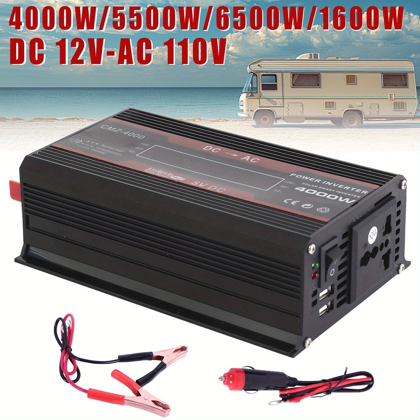 DC to AC Inverter 4000W 5500W 6500W 16000W Peak DC 12V to AC 110V High Power Car Inverter with USB Ports US Sockets Cooling Fan Overload Protection for RV Truck Outdoor Emergency