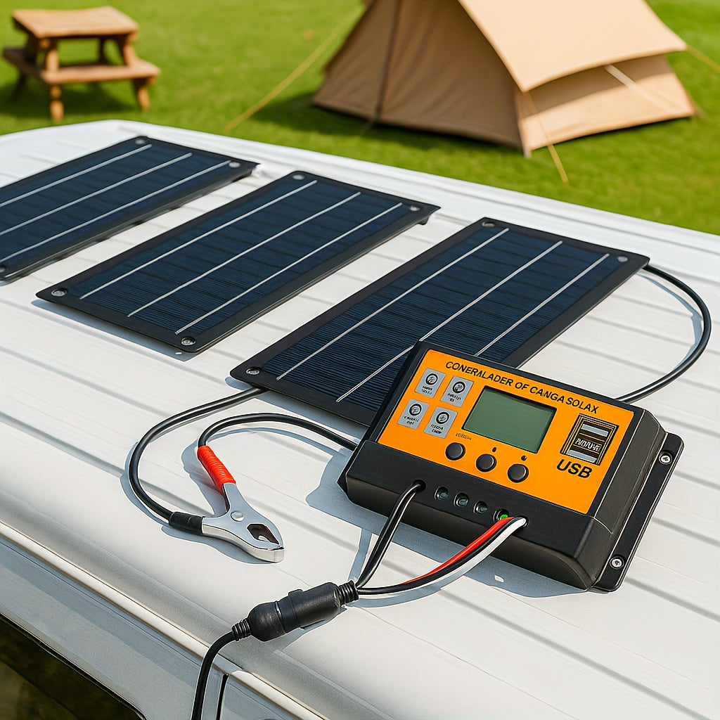 Solar Panel Kit Monocrystalline High Efficiency with 100A Charge Controller Extension Cable Battery Clip Complete Off-Grid System for RV Outdoor Camping Van Boat Home Power