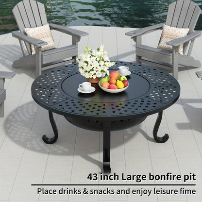 Fire Pit 43 Inch with 2 Cooking Grills & Lid Outdoor Wood Burning Firepit Round Metal Table for Backyard Patio Garden Camping Bonfire