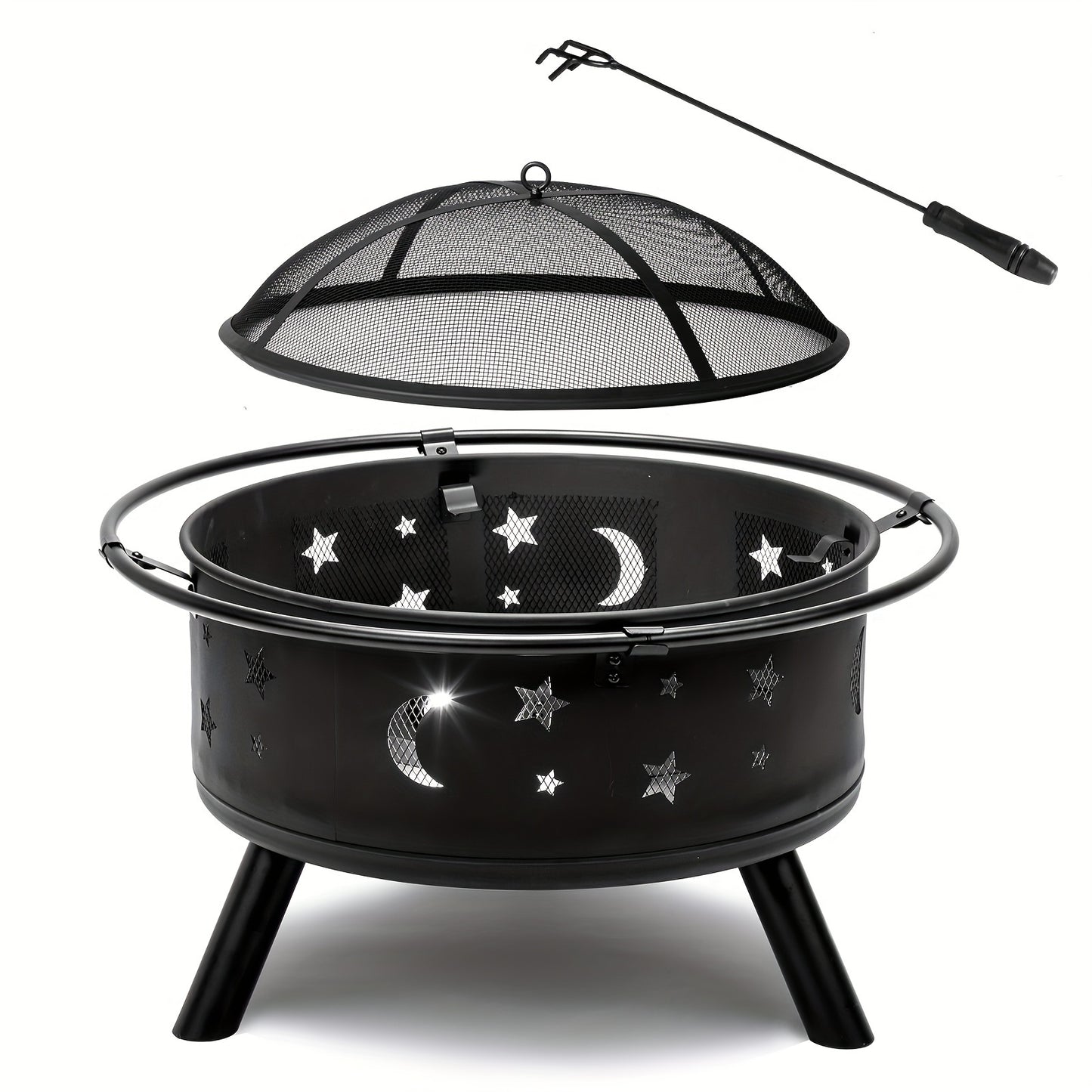 Fire Pit 30 Inch Round Wood Burning Outdoor Backyard Patio Steel Bowl with Spark Screen Mesh Lid Star Moon Cutout Carrying Ring Poker Included Black