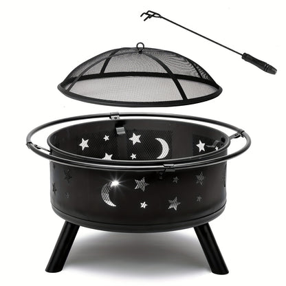 Fire Pit 30 Inch Round Wood Burning Outdoor Backyard Patio Steel Bowl with Spark Screen Mesh Lid Star Moon Cutout Carrying Ring Poker Included Black
