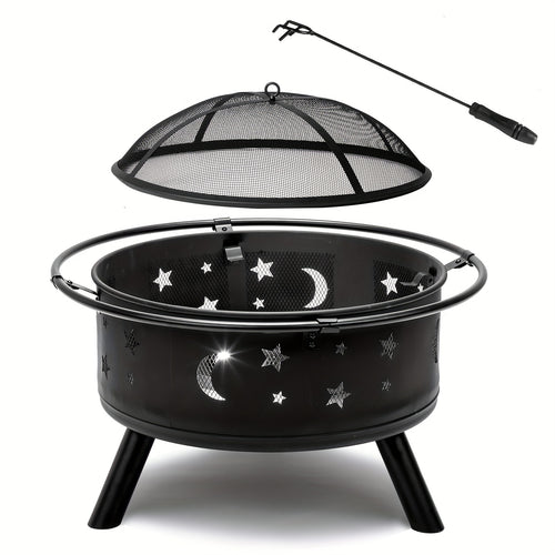 Fire Pit 30 Inch Round Wood Burning Outdoor Backyard Patio Steel Bowl with Spark Screen Mesh Lid Star Moon Cutout Carrying Ring Poker Included Black