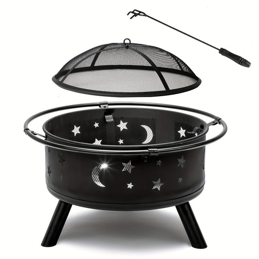 Fire Pit 30 Inch Round Wood Burning Outdoor Backyard Patio Steel Bowl with Spark Screen Mesh Lid Star Moon Cutout Carrying Ring Poker Included Black