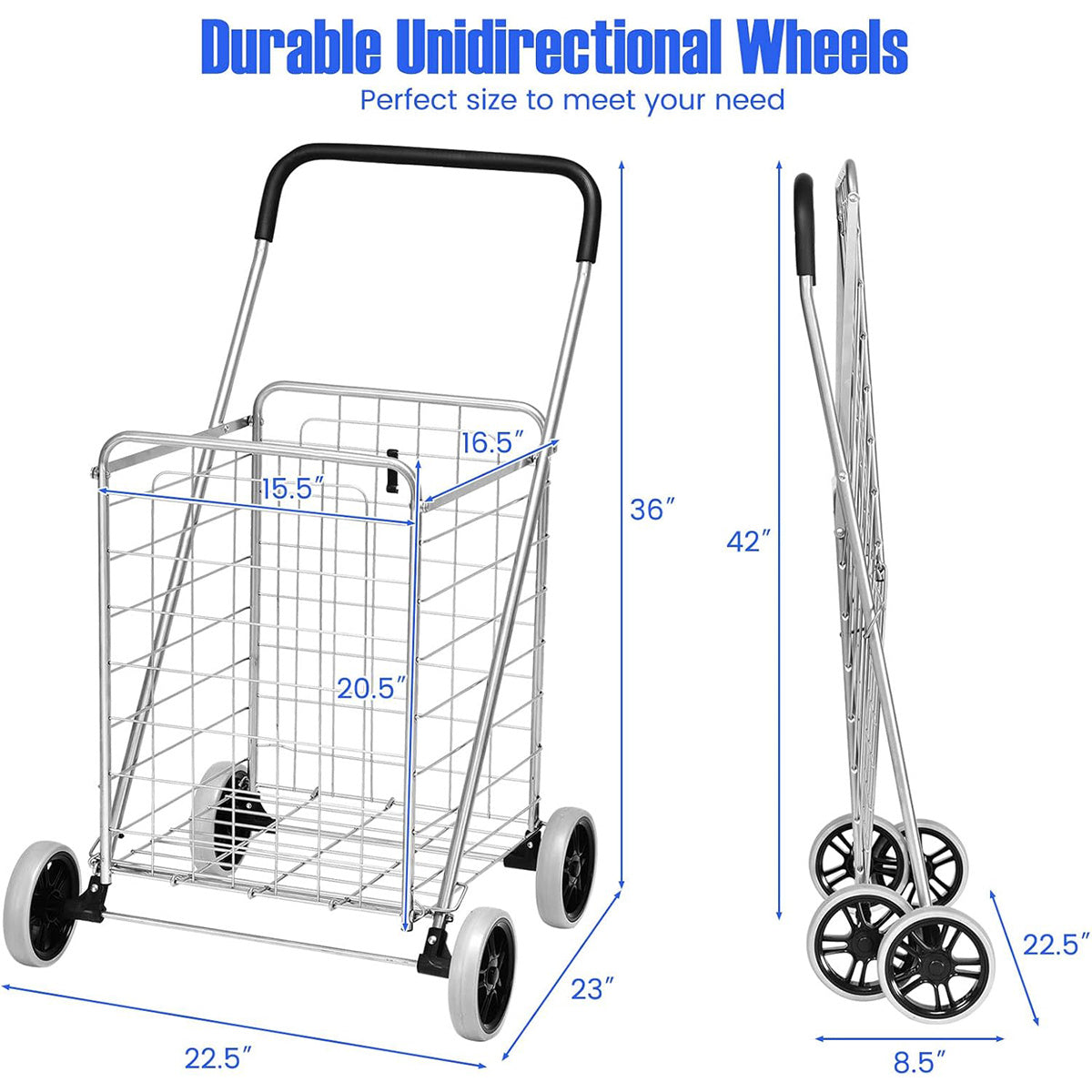 Rolling Shopping Cart Heavy Duty Metal Basket 100 LBS Capacity, Foldable Grocery Utility Cart with Foam Handle Large Wheels 22 Gal for Supermarket Laundry Warehouse