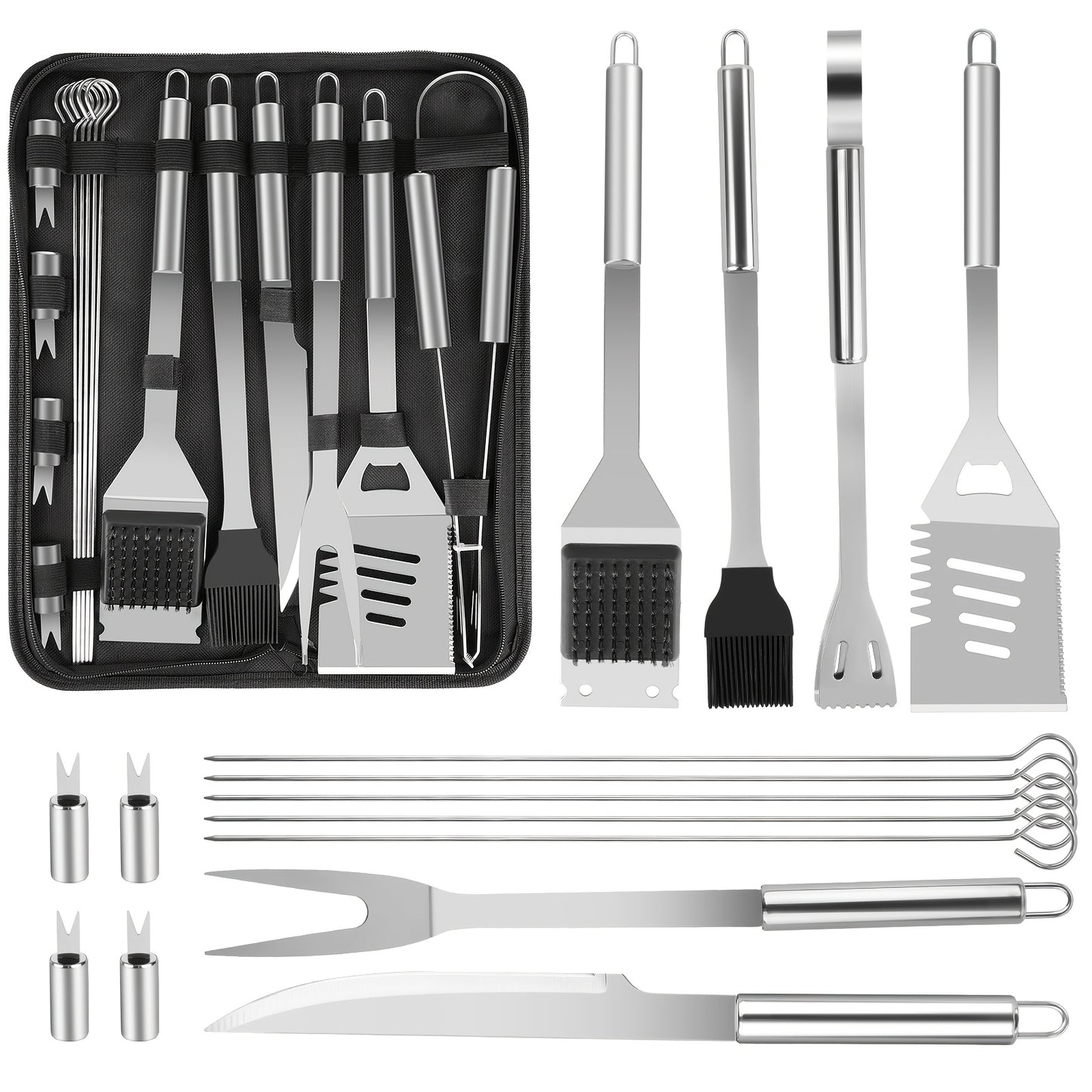 BBQ Tool Set Stainless Steel 15/24 Piece Grilling Kit with Spatula, Tongs & Grill Brush – Heavy Duty Outdoor Cooking Accessories, Perfect Gift for BBQ Enthusiasts & Father's Day