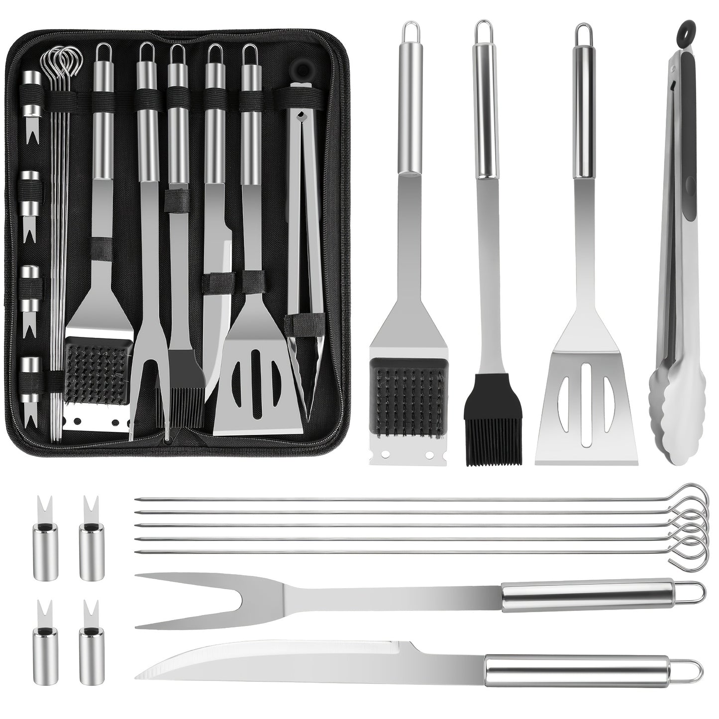BBQ Tool Set Stainless Steel 15/24 Piece Grilling Kit with Spatula, Tongs & Grill Brush – Heavy Duty Outdoor Cooking Accessories, Perfect Gift for BBQ Enthusiasts & Father's Day
