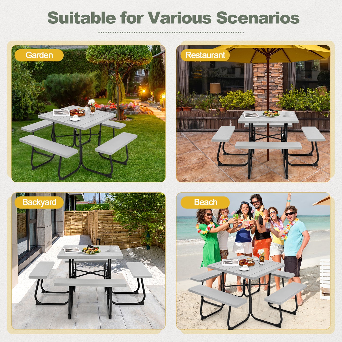 Outdoor Picnic Table 8-Person, Square HDPE Table with 4 Built-in Benches, Umbrella Hole, Metal Frame, Backyard Patio Garden Bench Set Grey/Green