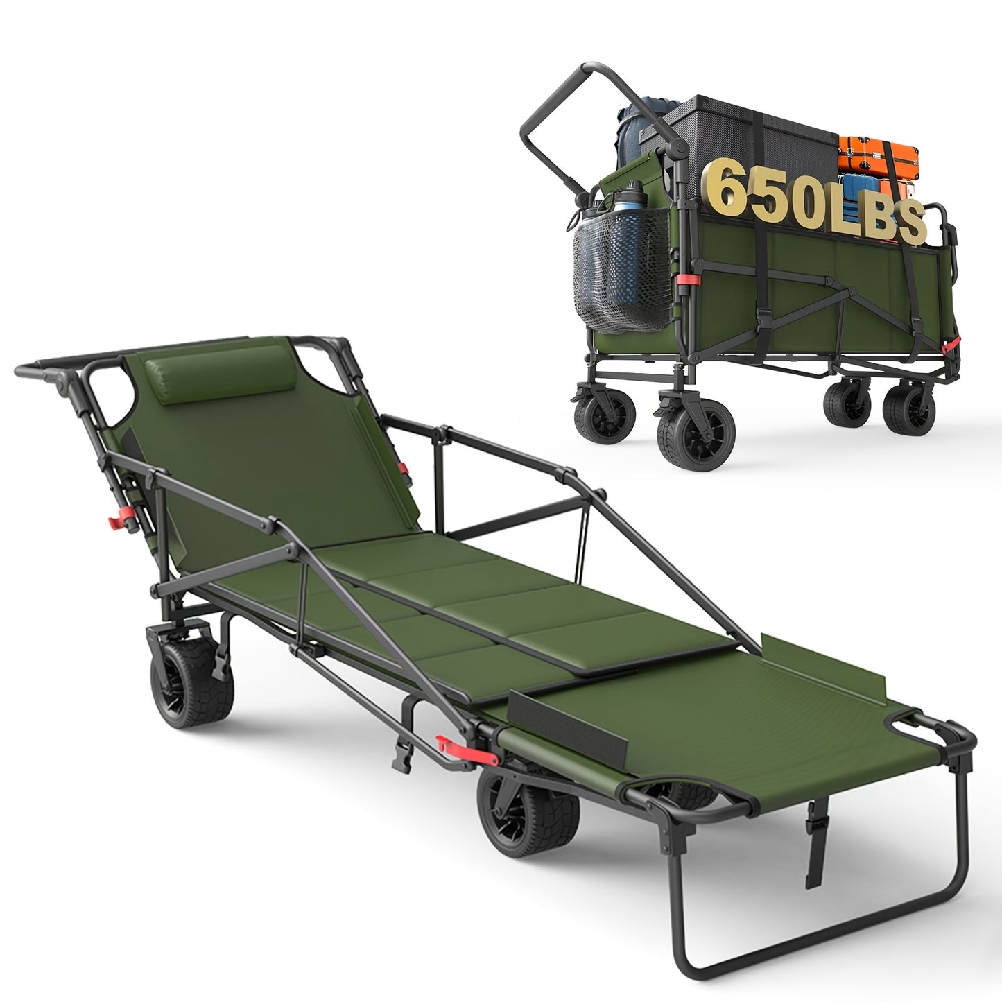 Folding Wagon 2-in-1 Convertible Beach Chair 650LBS | All-Terrain Utility Cart Camping Beach Garden Shopping