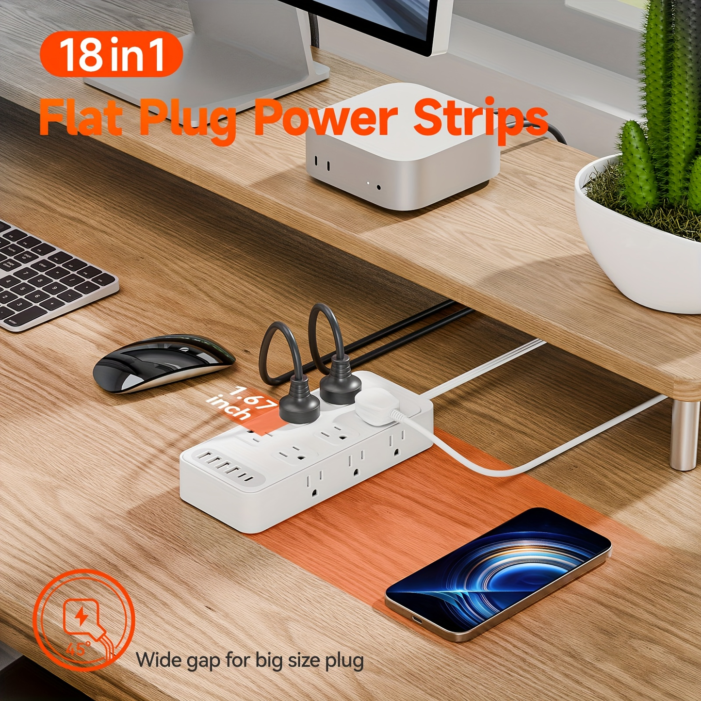 Charging Station 18-in-1 Power Strip Surge Protector 12 AC Outlets 6 USB Ports 4 USB-A 2 USB-C Flat Plug Wide Spacing Wall Mount for Home Dorm Office Travel