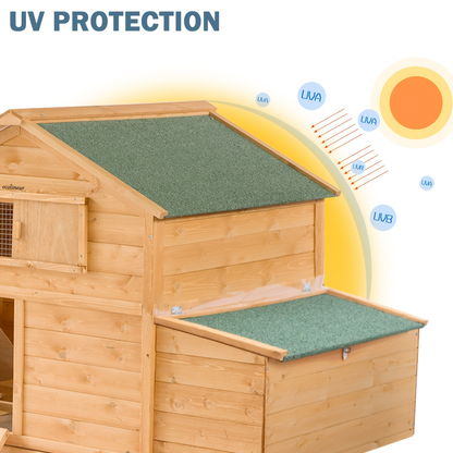 Mobile Chicken Coop with Wheels Large Outdoor Hen House for 6-8 Chickens Waterproof PVC Cover Thickened Fir Wood Double Nesting Box Removable Tray 4 Universal Wheels