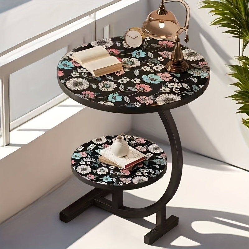 Small Round Side Table Sofa End Table Floral Mandala Desktop Accent Table for Living Room Bedroom Balcony Patio Outdoor Indoor Use