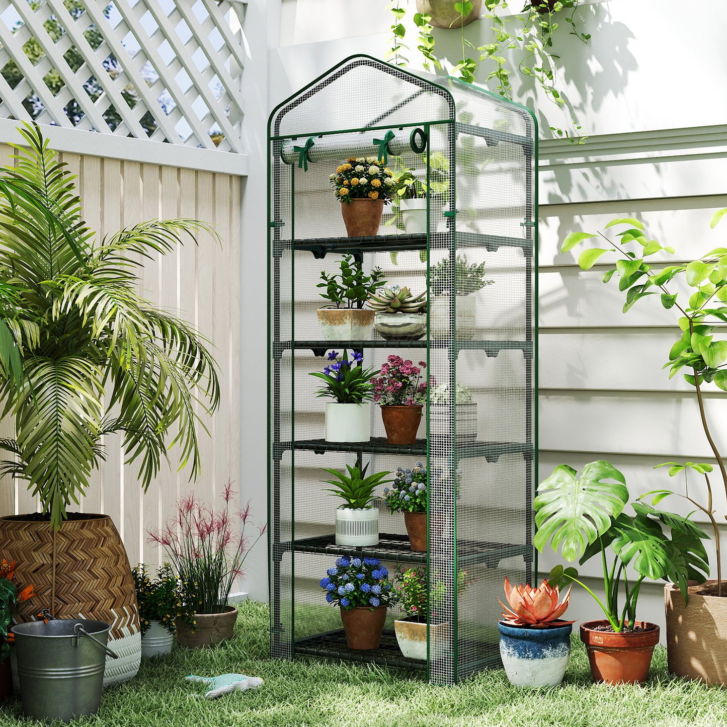 5-Tier Grow House Mini Greenhouse 27"x19"x75" with PE Grid Cover, Rustproof Electro-Coated Frame & Zippered Door, Space-Saving Indoor Outdoor Plant Shelter for Herbs & Seedlings