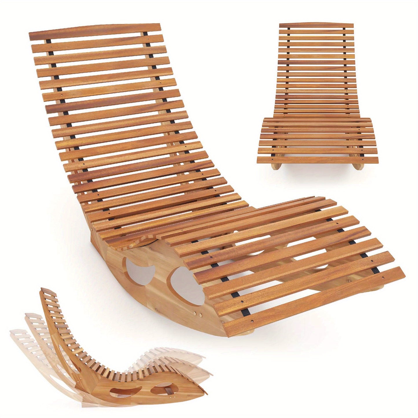 Acacia Wood Rocking Chaise Lounge Outdoor High Back Ergonomic Slatted Seat Stopper 350lb Patio Rocker for Deck Poolside Garden