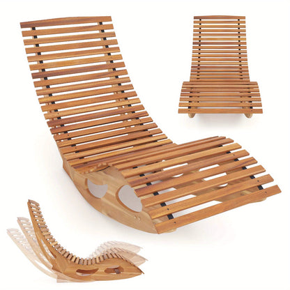 Acacia Wood Rocking Chaise Lounge Outdoor High Back Ergonomic Slatted Seat Stopper 350lb Patio Rocker for Deck Poolside Garden