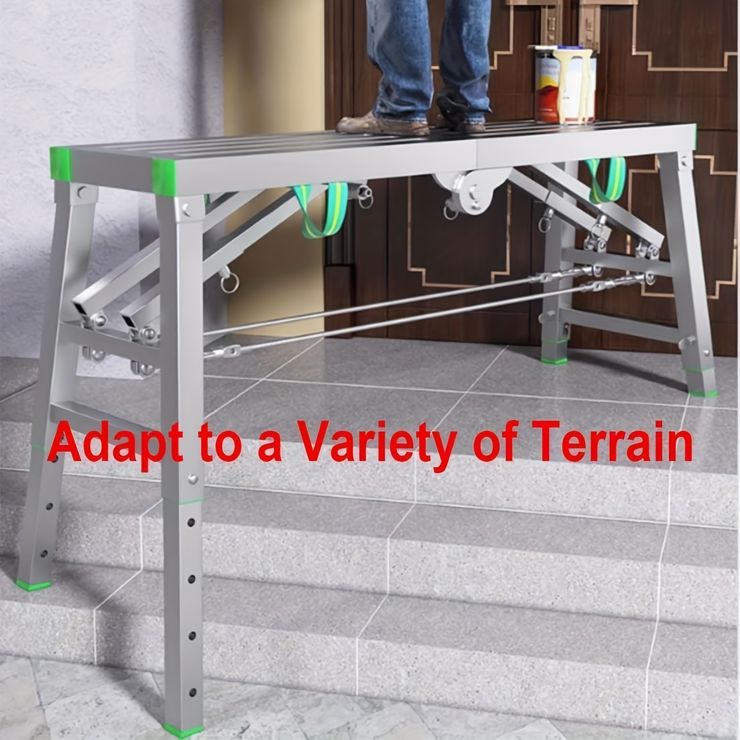 Scaffolding Work Platform Folding Steel Step Ladder 1000 LBS Heavy Duty Adjustable Height Portable Drywall Bench for Painting Decorating Car Washing RV Cleaning