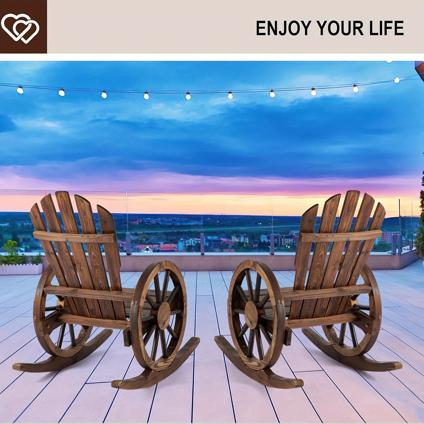 Outdoor Wood Rocking Chair Set – Patio Wagon Wheel Rustic Rocker with Side Table for Porch, Yard & Country Garden