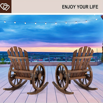 Outdoor Wood Rocking Chair Set – Patio Wagon Wheel Rustic Rocker with Side Table for Porch, Yard & Country Garden