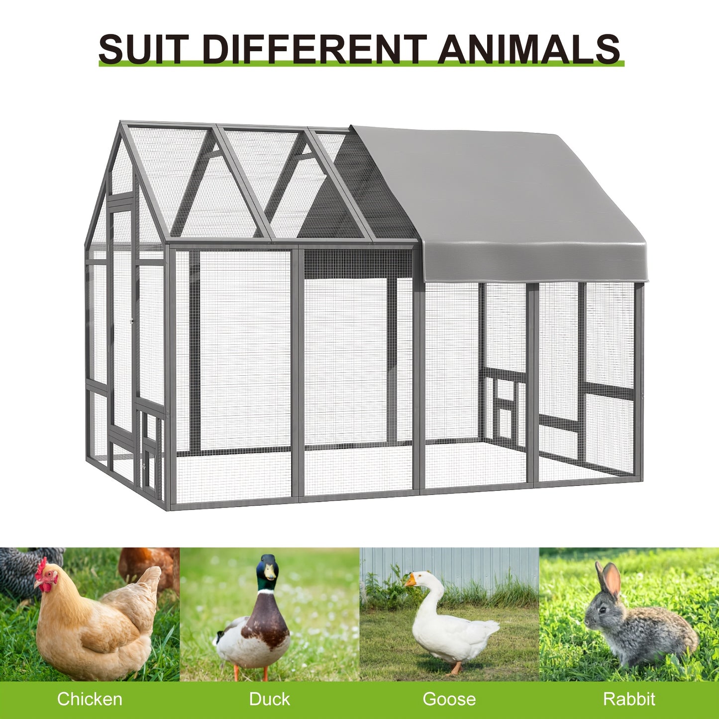 Walk-In Chicken Coop 96" Extra Large with Movable Fence | Outdoor Wooden Poultry Cage with Weatherproof Cover, Nesting Box & Walk-In Run for Farm, Yard – Gray