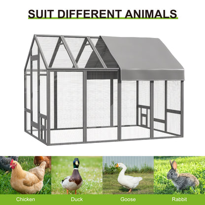 Walk-In Chicken Coop 96" Extra Large with Movable Fence | Outdoor Wooden Poultry Cage with Weatherproof Cover, Nesting Box & Walk-In Run for Farm, Yard – Gray