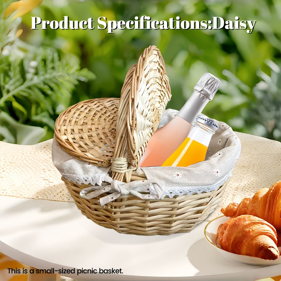 Covered Picnic Basket | Portable Lined Outdoor Gift Travel Basket