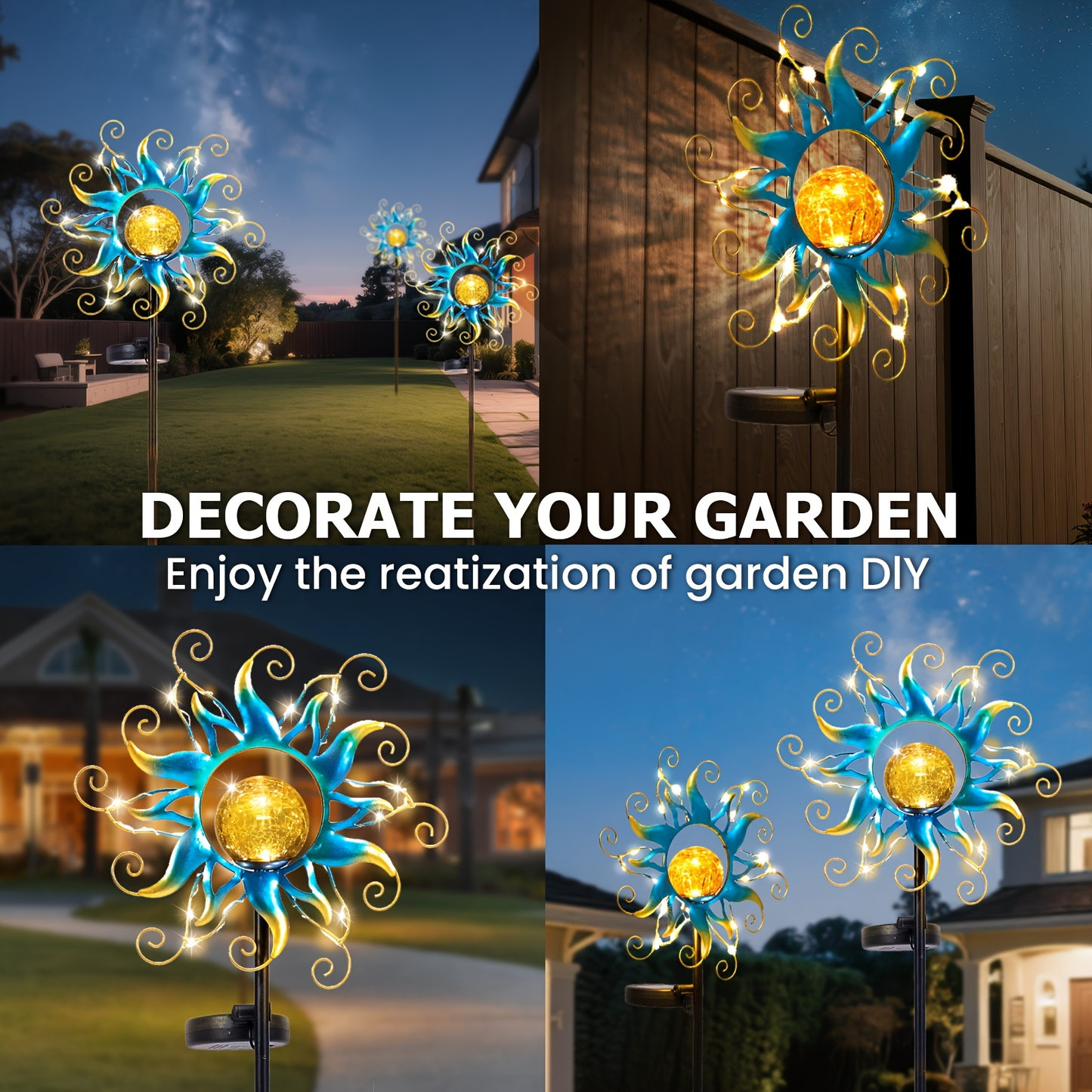 Solar Garden Light Outdoor Sun Shaped LED Stake Lamp IPX4 Waterproof for Patio Pathway Walkway Yard Lawn Decor Housewarming Gift