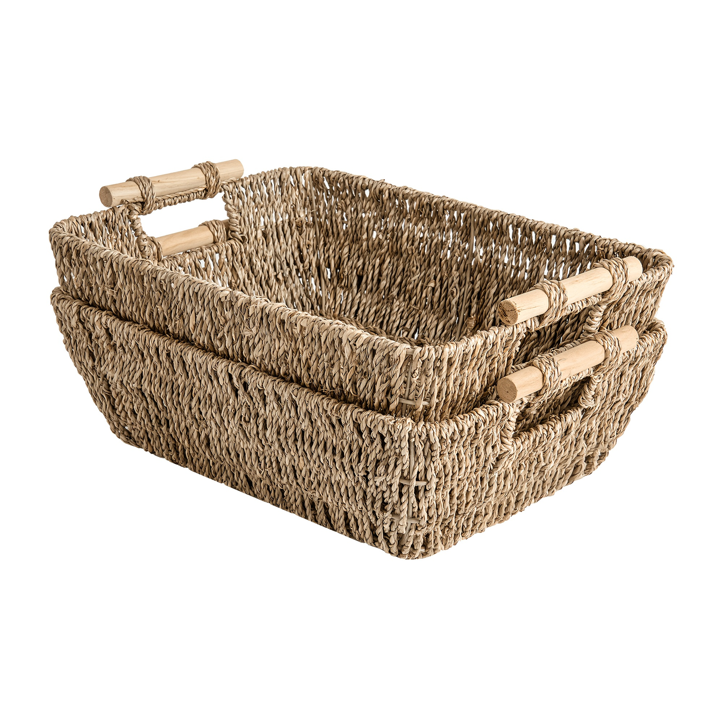 Woven Basket with Wooden Handles 2-Pack - Water Hyacinth & Seagrass Wicker Storage Baskets for Bathroom, Shelf, Kitchen & Bedroom Organizer, Boho Decor