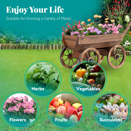 Wooden Wagon Planter with Wheels – Rustic Handcrafted Flower Cart for Patio, Balcony & Garden, Multi-Tier Ladder Shelf Outdoor Yard Decor