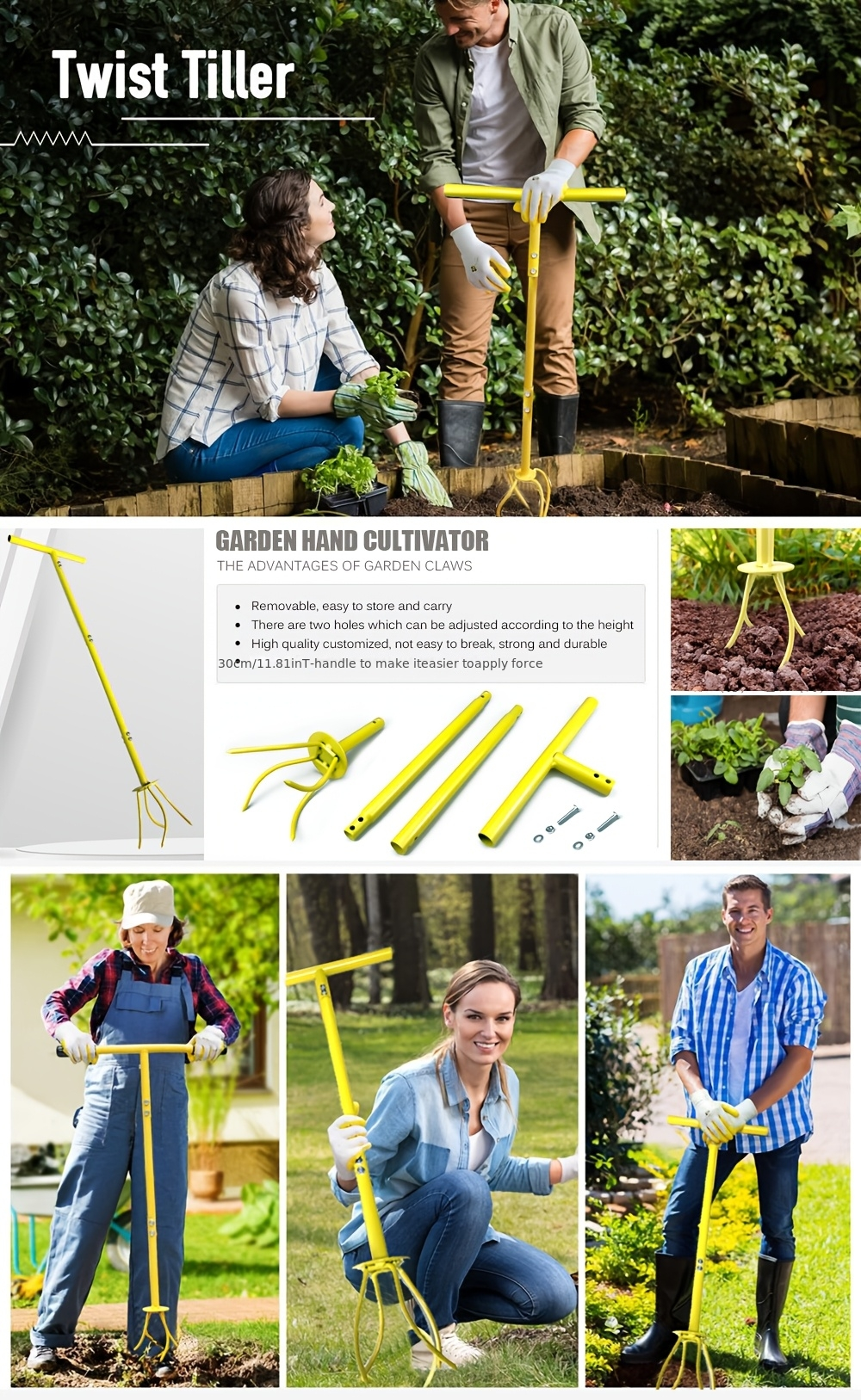 Garden Cultivator Manual Soil Loosener & Scarifier, Heavy-Duty Detachable Ergonomic Handle, Multi-Function Tool for Lawn Aeration, Vegetable Bed & Root Care