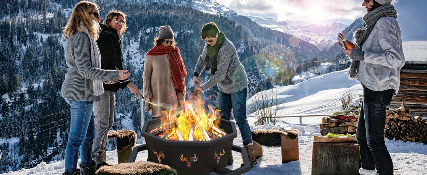 Outdoor Fire Pit 35 Inch Octagonal Wood Burning Fire Pit with Spark Screen, Poker & Grate for Backyard Patio Camping Bonfire