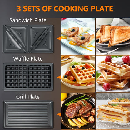 Sandwich Maker 3-in-1 Panini Press & Waffle Iron 750W with Removable Non-Stick Plates, Dishwasher Safe, Compact for Dorm, RV & Travel