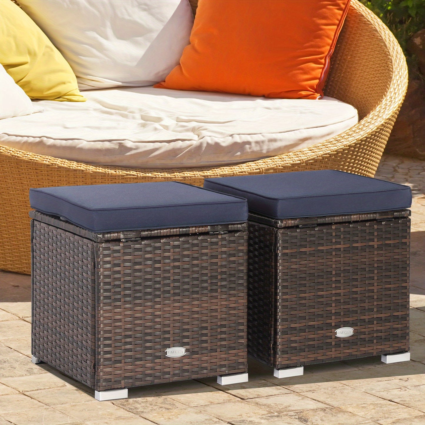 Outdoor Wicker Ottoman Set of 2 with Hidden Storage – PE Wicker Footstools with Detachable Cushions, Side Table & Extra Seating for Patio, Garden & Poolside